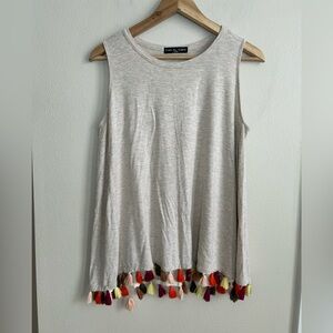 Kim & Cami Women's Colorful Tassels Hem Beige Soft Rayon Tank Top Size L Large
